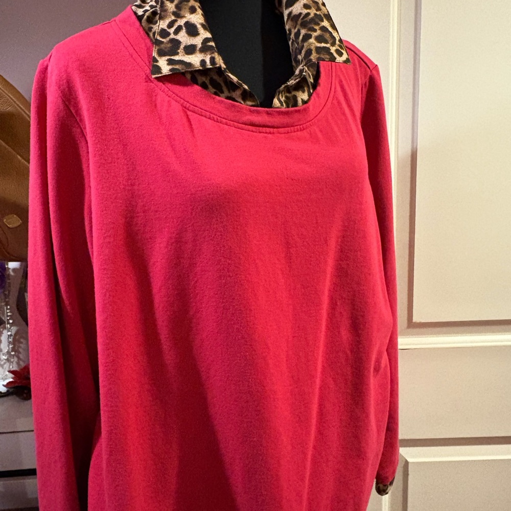 Red Sweater with Leopard Print Collar